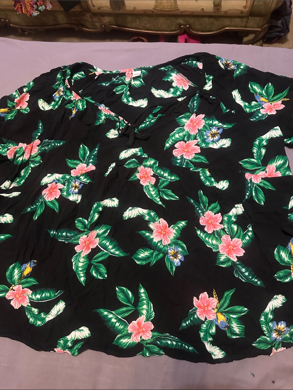 OLD NAVY Black Floral 2XL Top Pink Hibiscus Green White  LS w/Ruffle on top